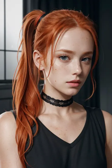 (8k, RAW photo, highest quality),(epic realistic:1.5), a girl, dynamic posture,erotic face,black shirt,choker,(detailed eyes:0.8),(looking at the camera:1.4), (highest quality), (best shadow),intricate details,cinematic,((skin:1.4)),interior, (long ponytail ginger hair:1.3),dark studio,(hdr:1.5),detailed, muted colors, freckles