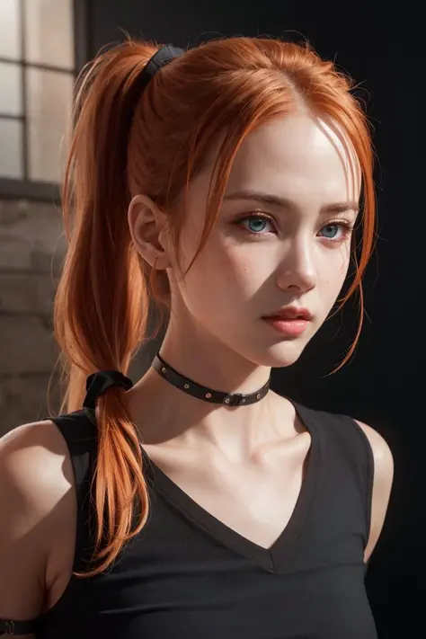 (8k, RAW photo, highest quality),(epic realistic:1.5), a girl, dynamic posture,erotic face,(see-through:0.4) black shirt,choker,(detailed eyes:0.8),(looking at the camera:1.4), (highest quality), (best shadow),intricate details,cinematic,((skin:1.4)),inter...