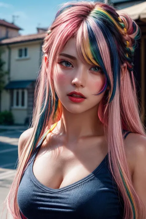 <lora:detailer:1> ,park,dressed, cleavage,flirting on camera,(photo realistic:1.4), (hyper realistic:1.4), (realistic:1.3),(smoother lighting:1.05), (increase cinematic lighting quality:0.9), 1girl, 18yo girl, (long pink hair, (multicolored) blue red yellow rainbow hair:1.4),realistic lighting, backlighting, light on face, (brightening light:1.2), (Increase quality:1.4),(best quality real texture skin:1.4), finely detailed eyes, finely detailed face,(tired and sleepy and joy), face closeup, t-shirts,(Increase body line mood:1.2), (Increase skin texture beauty:1.2)