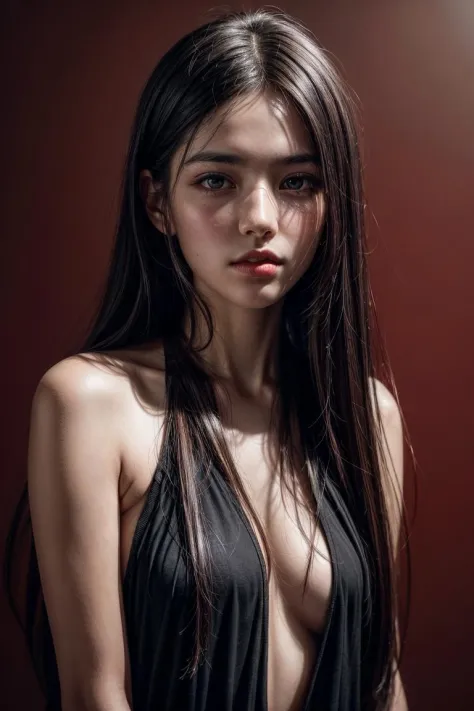 <lora:detailer:1> ,a 20 yo woman,long hair,dark theme, soothing tones, muted colors, high contrast, (natural skin texture, hyperrealism, soft light, sharp),red background,simple background
