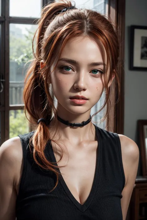 <lora:detailer:0.8> ,(8k, RAW photo, highest quality),(epic realistic:1.5), a girl, dynamic posture,erotic face,cleavage,(see-through:0.6) black sleeveless shirt,wide choker,(detailed eyes:0.8),green eyes, (looking at the camera:1.4), (highest quality), (b...