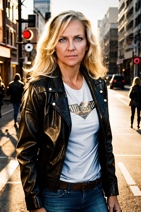 a RAW photo, portrait of allover30kathleen, wearing leather jacket, city street, golden hour, cinematic shot, volumetric lightin...