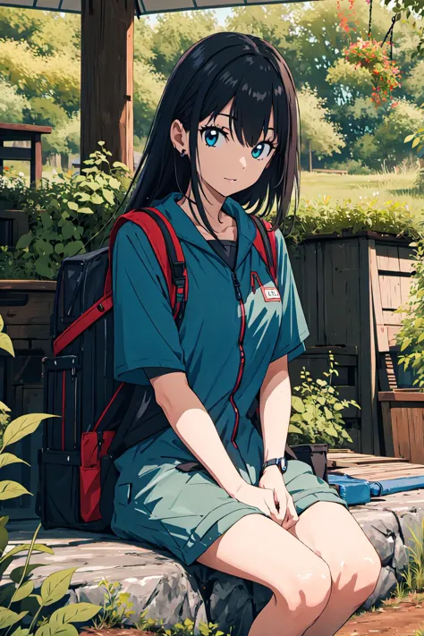 anime girl sitting on a bench in a garden with a backpack