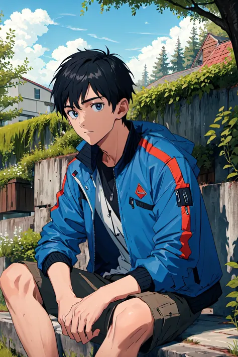 1boy close-up,jacket,outdoors,sitting