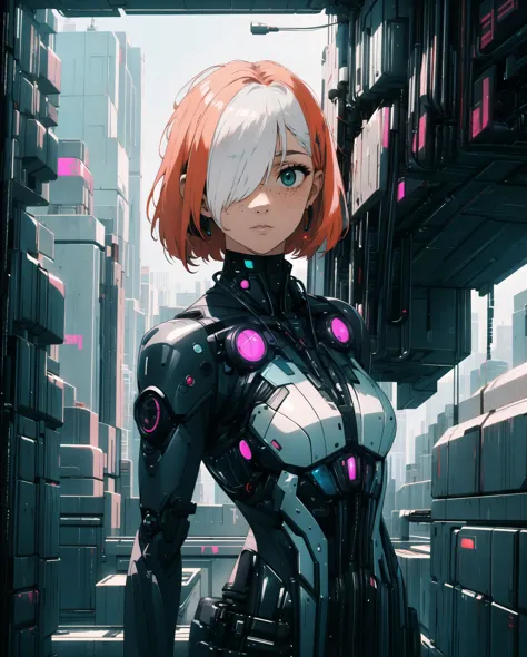 masterpiece, best quality, an adult woman, 1girl, cinematic light, (character focus), (pink tactical mechanic suit), orange hair,  science fiction, green eyes, freckles, short hair, cables, snow, cyberpunk, ambience lighting, caustics, mechanical arms, (hair over one eye), head tilt, fisheye, (white hair on front)