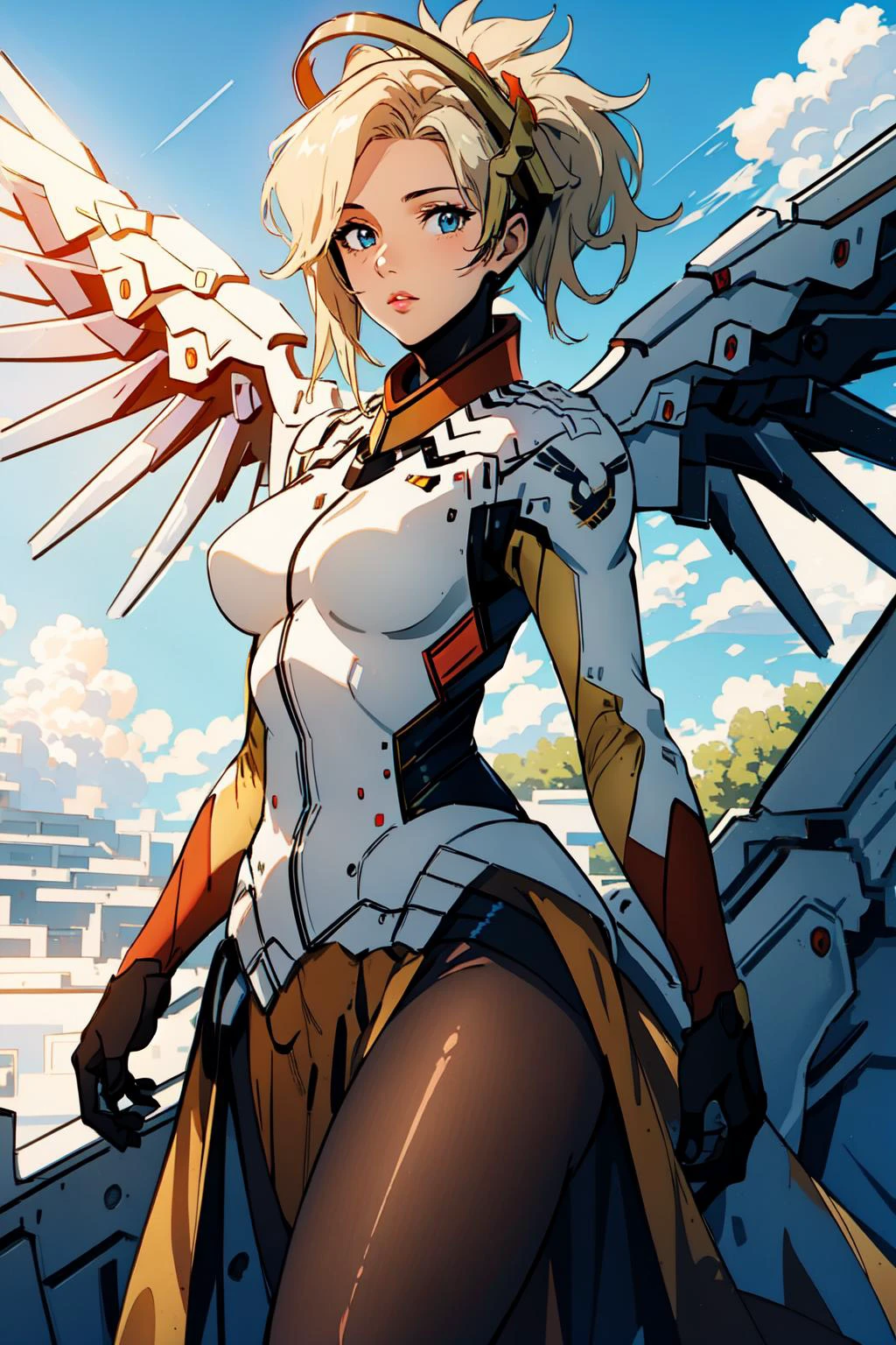 (masterpiece, best quality),  intricate details,
1girl,    1girl, solo, mercy (overwatch), mechanical halo, breasts, blue eyes, blonde hair, pantyhose, mechanical wings, wings, halo,  holding, bodysuit, cowboy shot,  yellow wings, brown pantyhose, lips, gloves, pelvic curtain, black gloves,