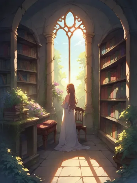 a woman in a white dress standing in a library with a book shelf