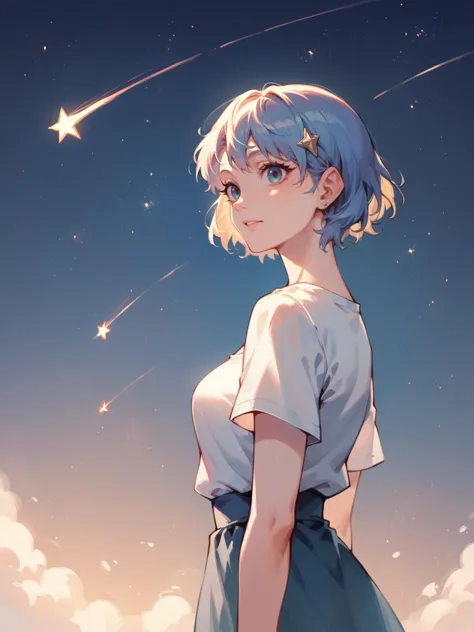 a woman with blue hair and a white shirt standing in front of a sky