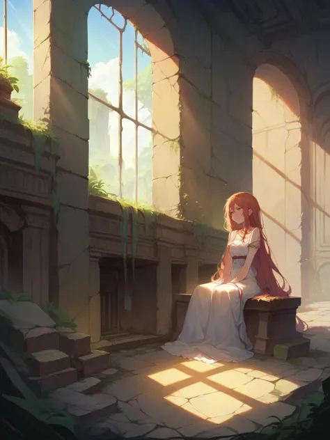 score_9, score_8_up, score_7_up, score_6_up, 1girl, long hair,  <lora:d3c4yXLP:0.4> d3c4y, overgrown, sunlight, indoors, sitting, ruins, window,