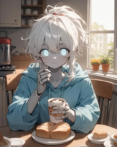 score_9, score_8_up, score_7_up, score_6_up, sfw, source_anime, 1girl, robot, white hair, messy ponytail, grey skin, segmented body/limbs/fingers/joints, oversized hoodie, (black visor) covering eyes, mob face, glowing 8-bit eyes, sitting on chair, looking at viewer, holding a cup of coffee, bread/pastries on table, <lora:50sk1tXLP:0.5> 50sk1t, retro kitchen,