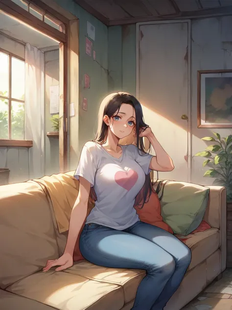 anime girl sitting on a couch with a heart t - shirt on