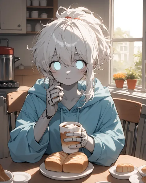 anime girl with a cup of coffee and a plate of food