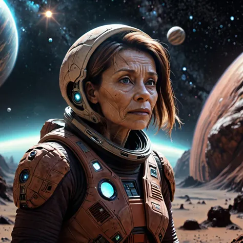 a close up of a woman in a space suit standing in front of a planet