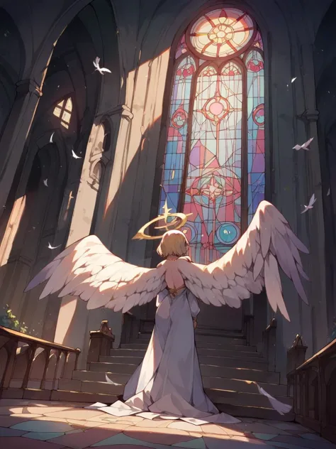 score_9, score_8_up, score_7_up, score_6_up, 1girl, angel, wings, halo, curvy, <lora:churchXLP:0.4> church, indoors, stained glass,