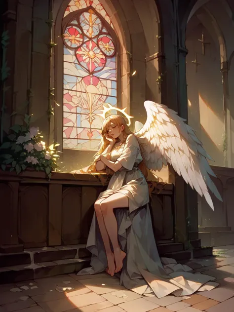 anime angel sitting on a bench in front of a stained window