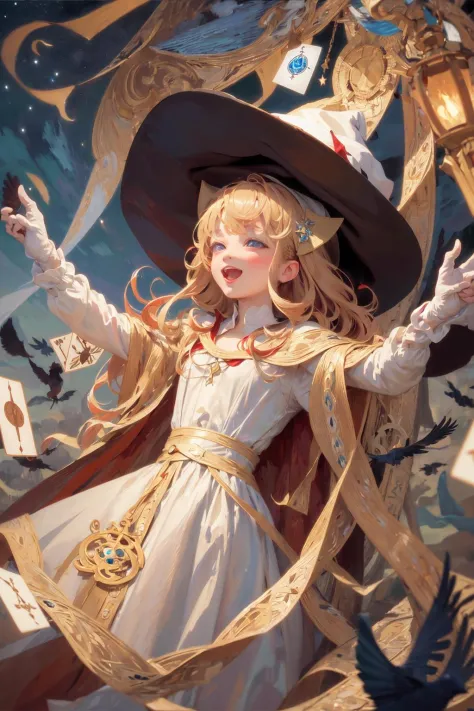 ((masterpiece:1.2, best quality)), 1girl, solo, (witch hat), blonde hair, long hair, dress, aurora, night, star (sky), gloves, s...