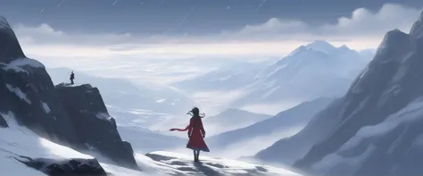 [(36-year-old Anime girl:1.2) (Dark fairy tale-themed dress with hand-painted details and a matching headdress)], [(tense standoff on a narrow mountain pass during a blizzard, with visibility limited and the risk of avalanches:1.3)], pixar