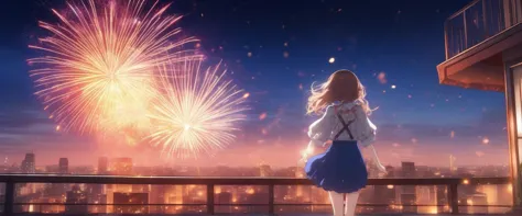 a woman standing on a balcony looking at fireworks in the sky