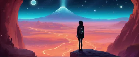 a woman standing on a rock looking at a mountain with a star in the sky