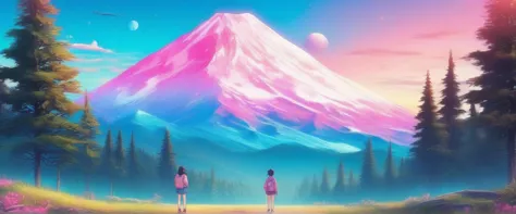 anime scenery of two people standing in front of a mountain