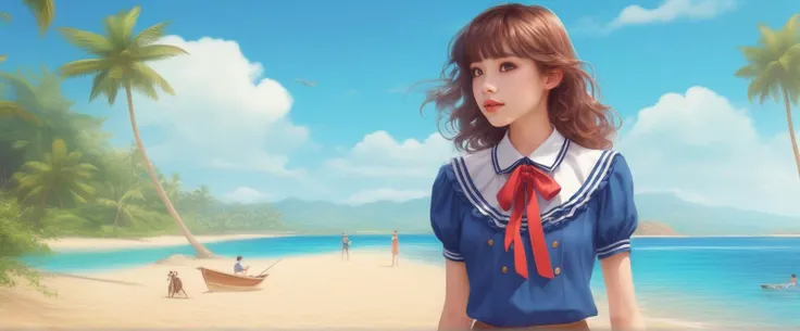 anime girl in sailor outfit standing on beach with palm trees