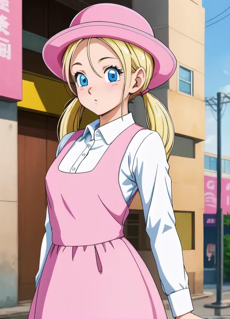 masterpiece, best quality, highest quality, photorealistic, perfect anatomy, perfect face, perfect eyes,
<lora:marondbgt_ex_01:0.7>, marondbgt, 1girl, blue eyes, blonde, twintails, low twintails  
,pink dress,  pink headwear,  white shirt, collared shirt
,sexy pose, city,