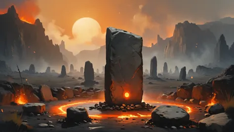 photorealistic detailed digital illustration of a circle of standing stones, 8k, Volcanic calderas aglow with fiery magma in the...