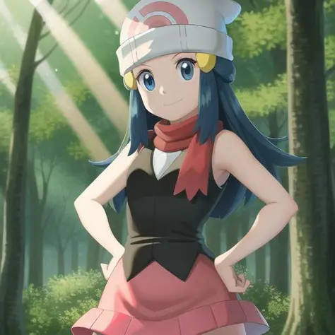 <lora:character_pokemon_dawn_v4:0.5> forest, light rays, 1girl, character_pokemon_dawn, solo, cowboy shot, looking at viewer, smile, closed mouth, hands on hips, beanie, hairclip, sleeveless shirt, skirt, kneehighs, scarf