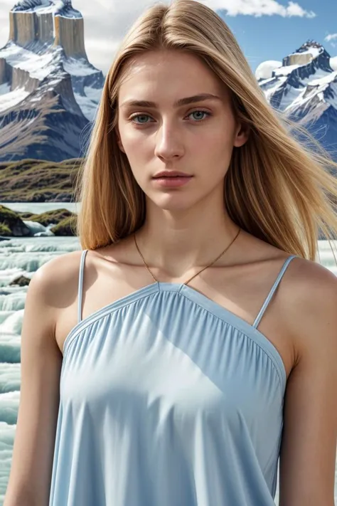 a woman in a blue dress standing in front of a mountain