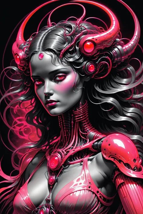 retro ink, image style is ink painting with fluid Virgil Finlay  incluence ,,  neon red and pink  (Sublime Transcendence), robot...