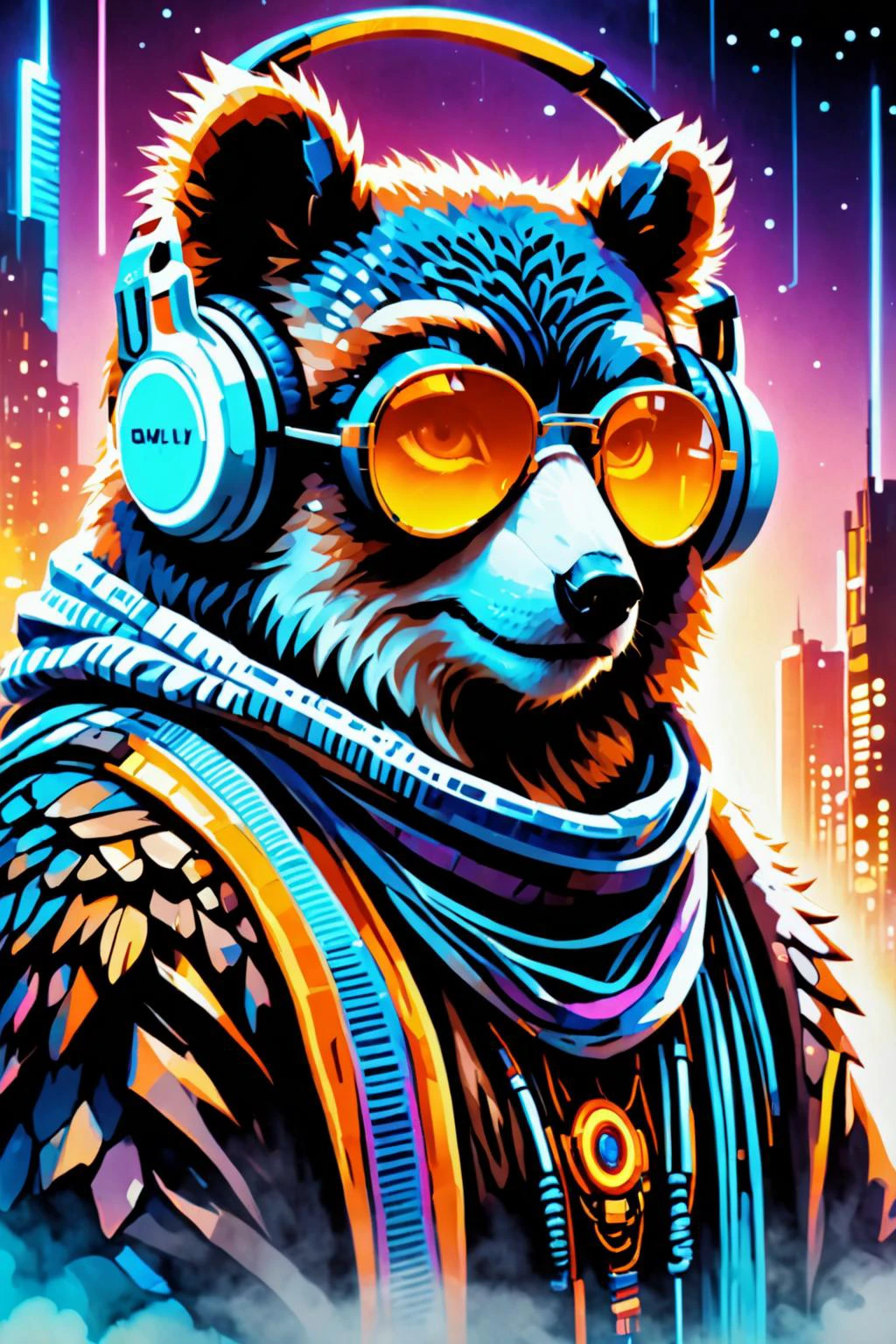 retro ink, image style is Rembrandt Lighting and cinematic lighting Mosaic/Pixelation , , sci-fi , science fiction with fluid detail in the style of Chris Foss  ,,  neon Brown,navy blue ,  ((portrait of a Owlbear)), wearing sunglasses, wearing headphones and a scarf, background is a white room with 2 meters deep-fantasy city lights, and the background is space with a white cat in the background, highly detailed, 8k, high resolution, rendered in Octane 