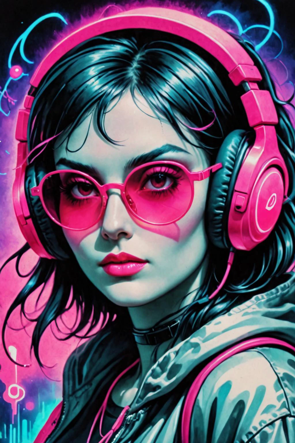 retro ink, image style is Colored Pencils painting with fluid Surrealism  incluence ,,  neon White,Pink ,  ((portrait of a Lamia)), wearing sunglasses, wearing headphones 2 headshot, low quality 