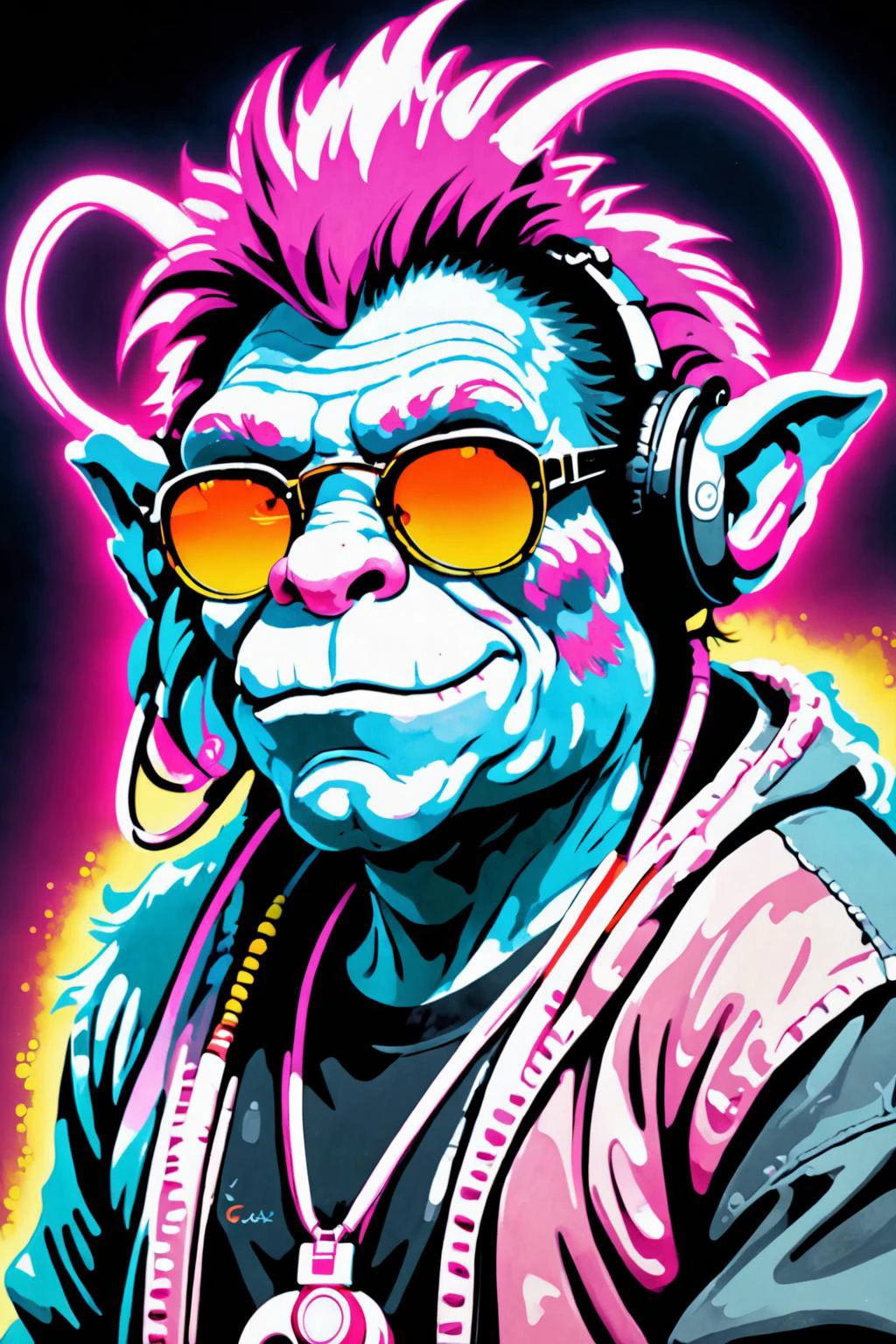 retro ink, image style is folk art with soft contours  Hannu Rajaniemi  incluence ,,  neon Pink ,Platinum  ,  ((portrait of a Troll)), wearing sunglasses, wearing headphones illustrated by Gustav Klimt and Range Murata and Katsuhiro Otomo, trending on ArtStation 