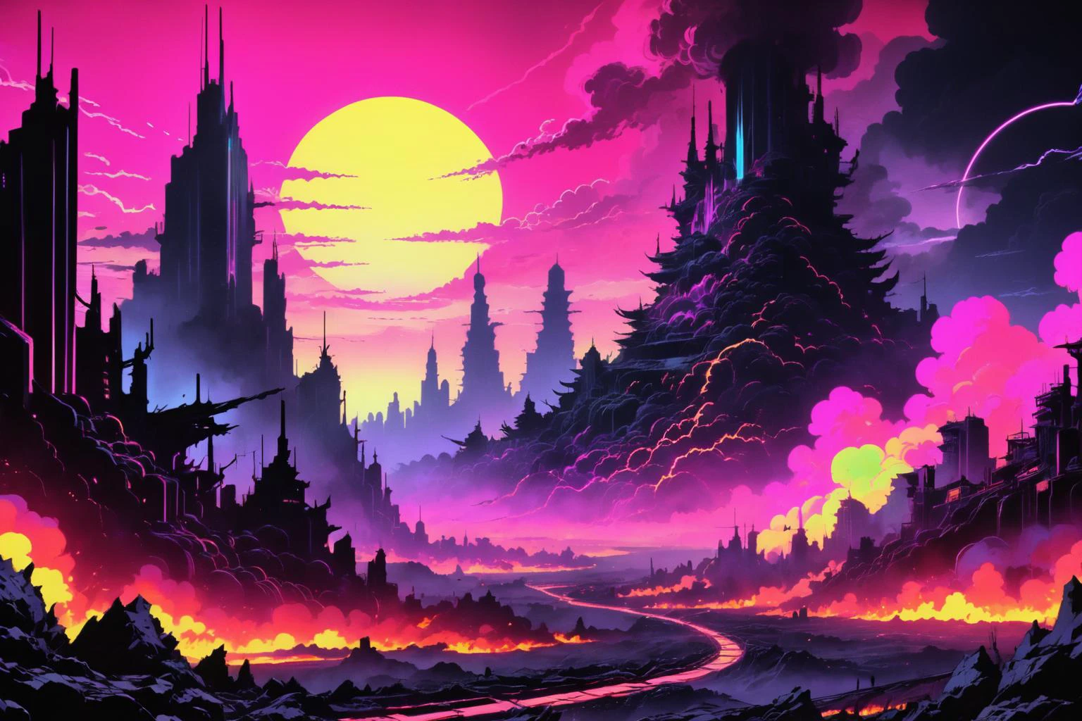 anime style, retro ink, neon Ash ,Black  ,  ((hellscape)), image style is matte painting with intricate Colorfield  incluence ,,