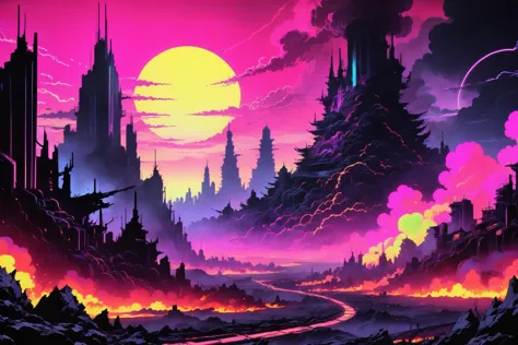 anime style, retro ink, neon Ash ,Black  ,  ((hellscape)), image style is matte painting with intricate Colorfield  incluence ,,...