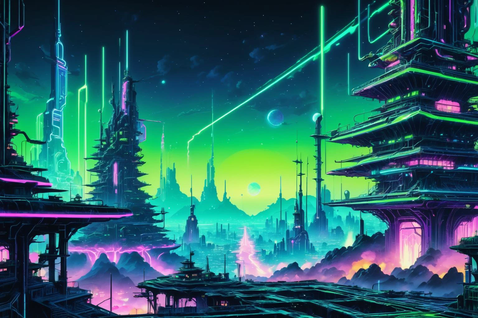 retro ink, neon Green,Blue ,  ((otherworldly structures in the distance)), anime, octane render,, intricate detail, highly detailed, photorealistic, 8K