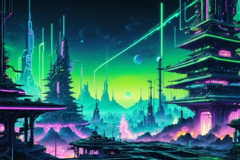 retro ink, neon Green,Blue ,  ((otherworldly structures in the distance)), anime, octane render,, intricate detail, highly detai...