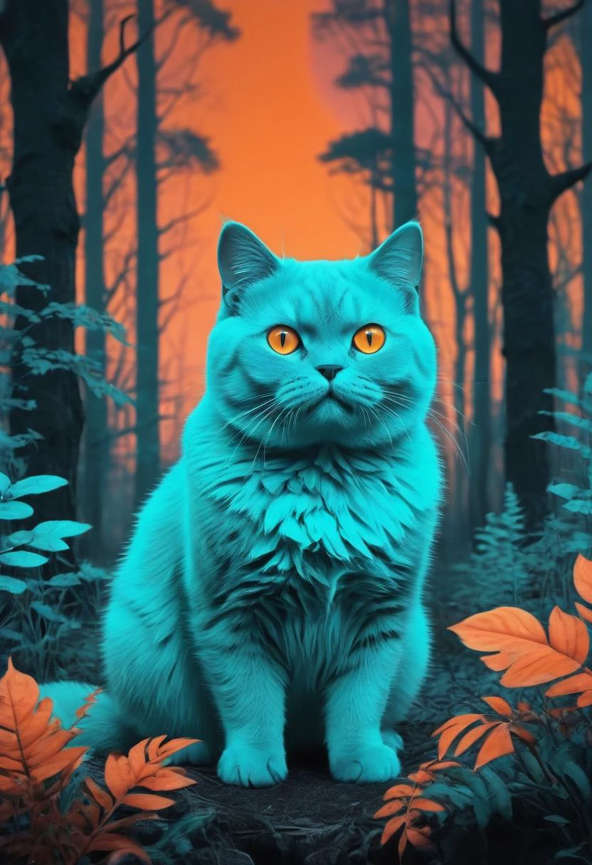 retro ink, magical forest background, chubby cat, neon cyan and orange, 