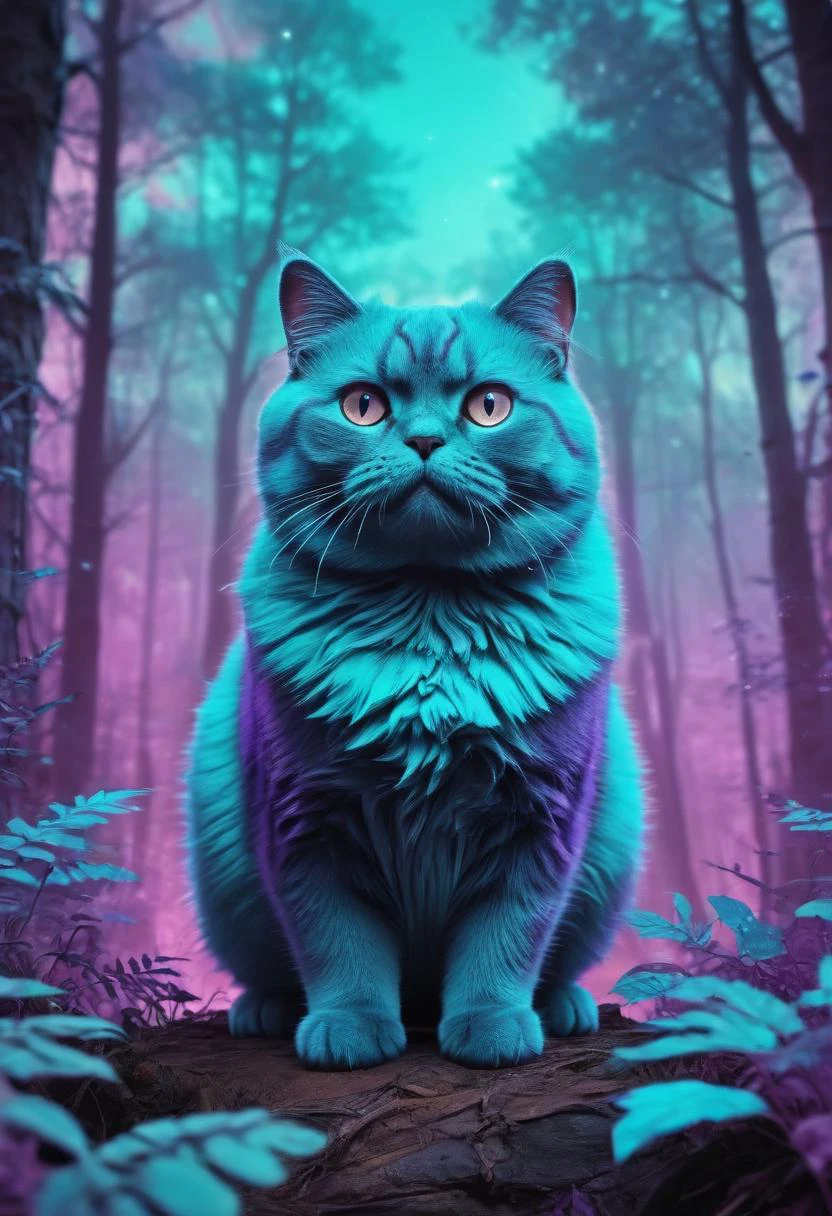 retro ink, magical forest background, chubby cat, neon cyan and purple, 