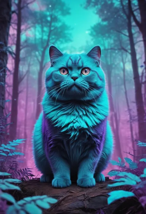 retro ink, magical forest background, chubby cat, neon cyan and purple, <lora:Retro_Ink_SDXL:0.8>