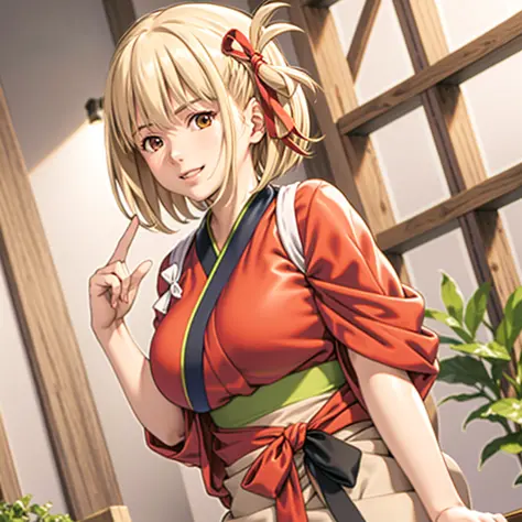 masterpiece, best quality,ly bfqs, nishikigi chisato, 1girl, solo, blonde hair, japanese clothes, red eyes, kimono, hair ribbon,...