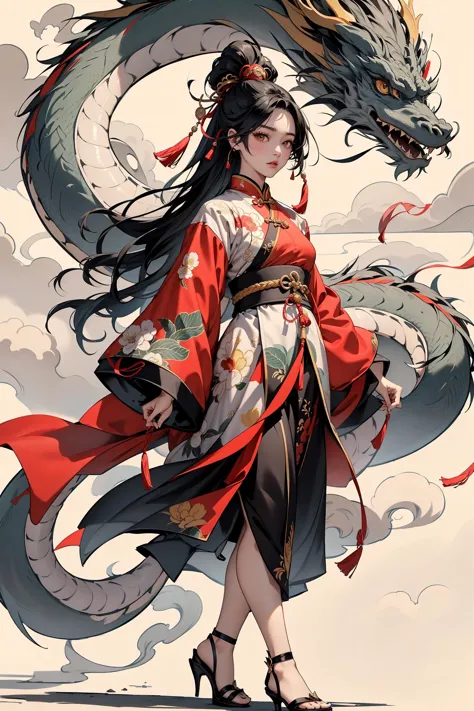 1girl,thick thighs, dragon, eastern dragon, black hair, hair ornament, long hair, floral print, solo, holding,yellow chinese clothes,  footwear, cloud, high heels, full body, long sleeves, standing, sash, smoke, looking at viewer, hair stick, tassel, jewelry,Zhang Daqian's paintings,<lora:ç»ªå¿-æ°´å¢¨é¾ Ink Painting:0.7>