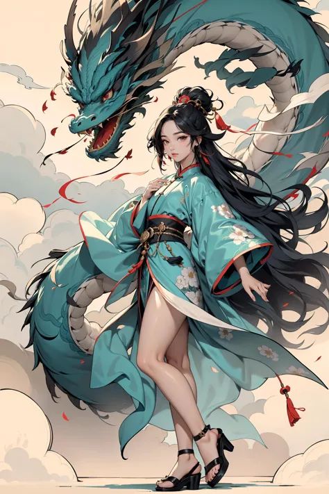 1girl,thick thighs, dragon, eastern dragon, black hair, hair ornament, long hair, floral print, solo, holding,cyan chinese cloth...
