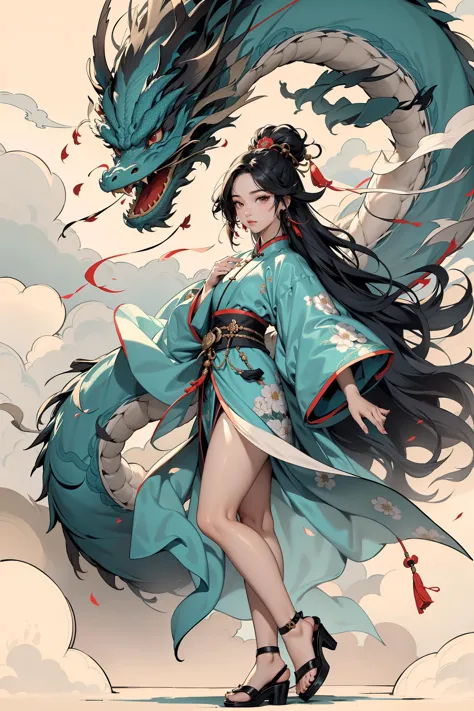 a woman in a blue kimono with a dragon on her back