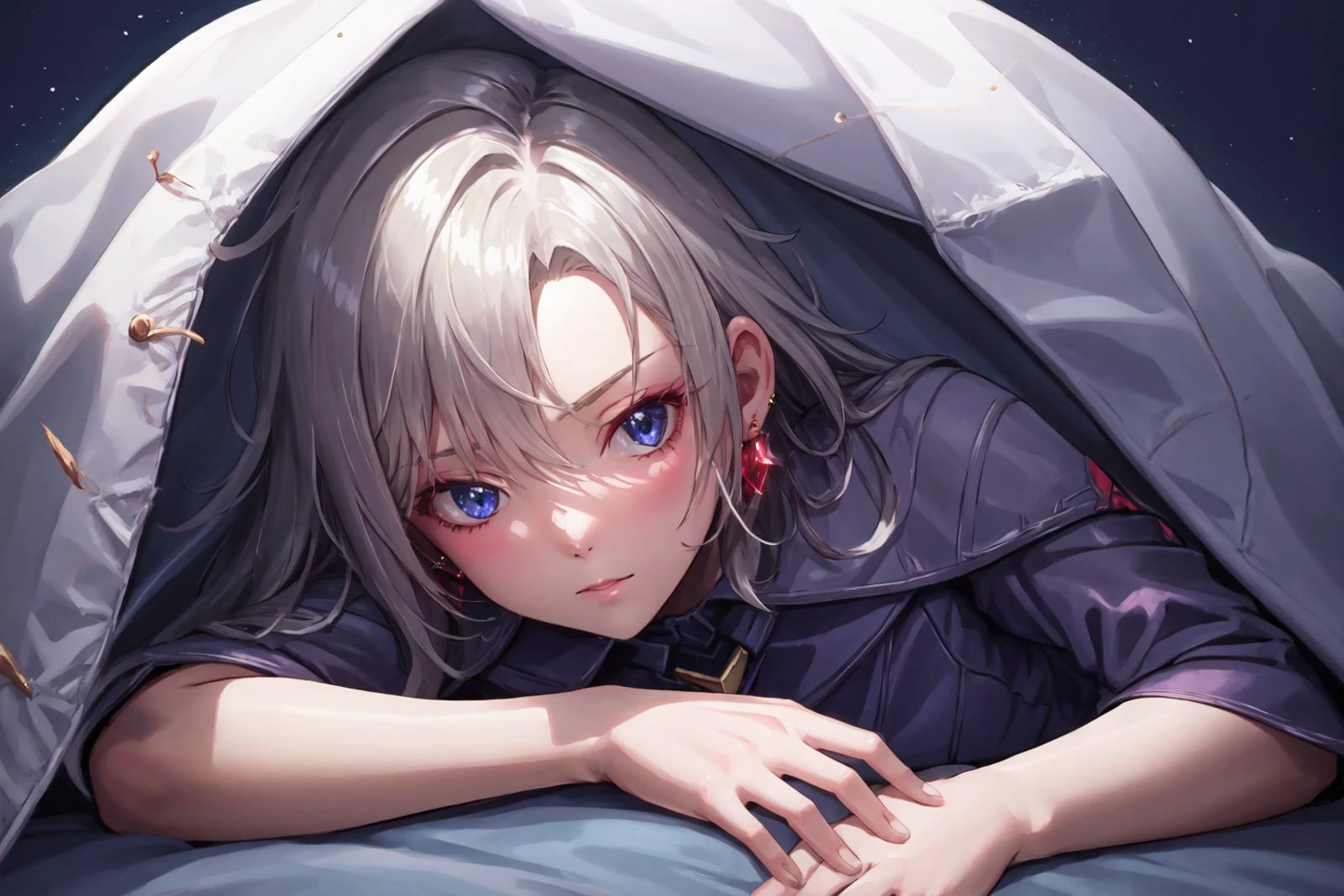 Highly detailed, High Quality, masterpiece, 1girl, solo, a \(xenoblade\), (earring), pose invited, under covers, bedroom, nice hands, perfect hands