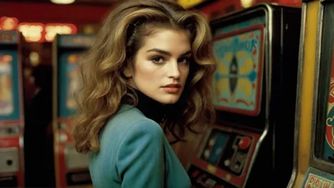 a close up of a woman standing in front of a slot machine