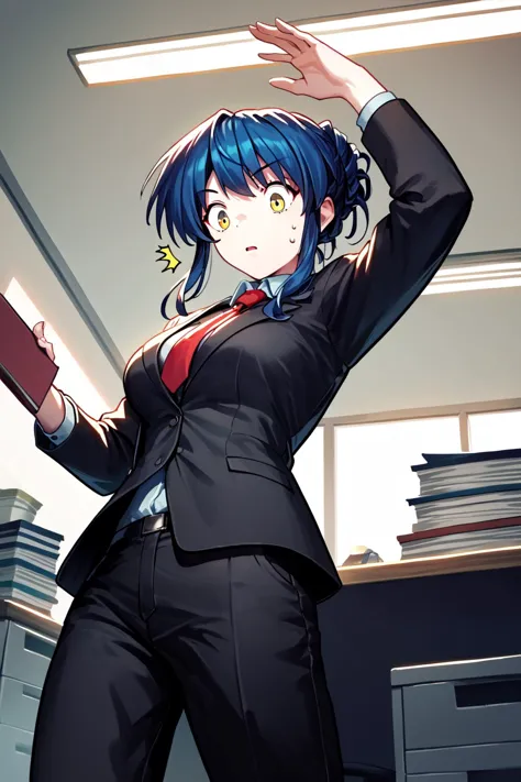 anime - style image of a woman in a suit holding a book