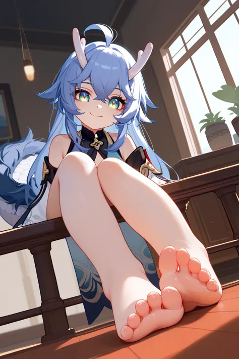 (score_9,score_8_up,score_7_up,),1girl,foot focus,dragon tail,evil smile,feet,<lora:bailuponyxl-10:0.8>,bailu \(honkai: star rai...