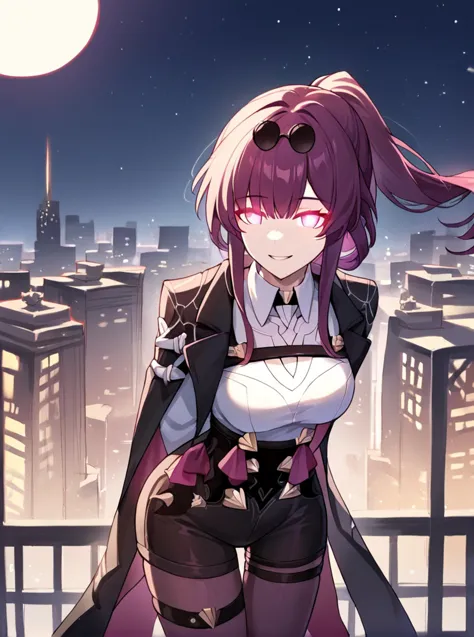 score_9, score_8_up, score_7_up, score_6_up, score_5_up, score_4_up, source_anime, rating_safe,
BREAK
front view, cityscape, night, moon, stars, rooftop, looking at viewer, glowing eyes, smile, white pupils, standing, hands behind back, leaning forward, 1girl,
,
,
  <lora:kafkaponyxl3:1> 1girl,kafka \(honkai: star rail\), honkai: star rail, breasts, coat, coat on shoulders, shirt, long sleeves, gloves, high-waist shorts, pantyhose, eyewear on head, ponytail, long hair, thigh strap,