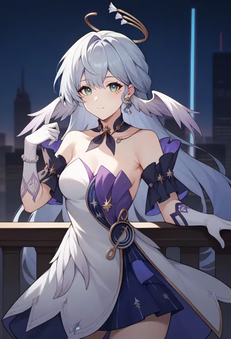 score_9,score_8_up,score_7_up,score_6_up,score_5_up,score_4_up,
1girl, robin \(honkai: star rail\), long hair, wings, breasts, halo, strapless dress, white elbow gloves, detached collar, medium breasts, facial mark, earrings,
solo, cowboy shot, outdoors, looking at viewer, cityscape, standing, 
<lora:robinponyxl:1>